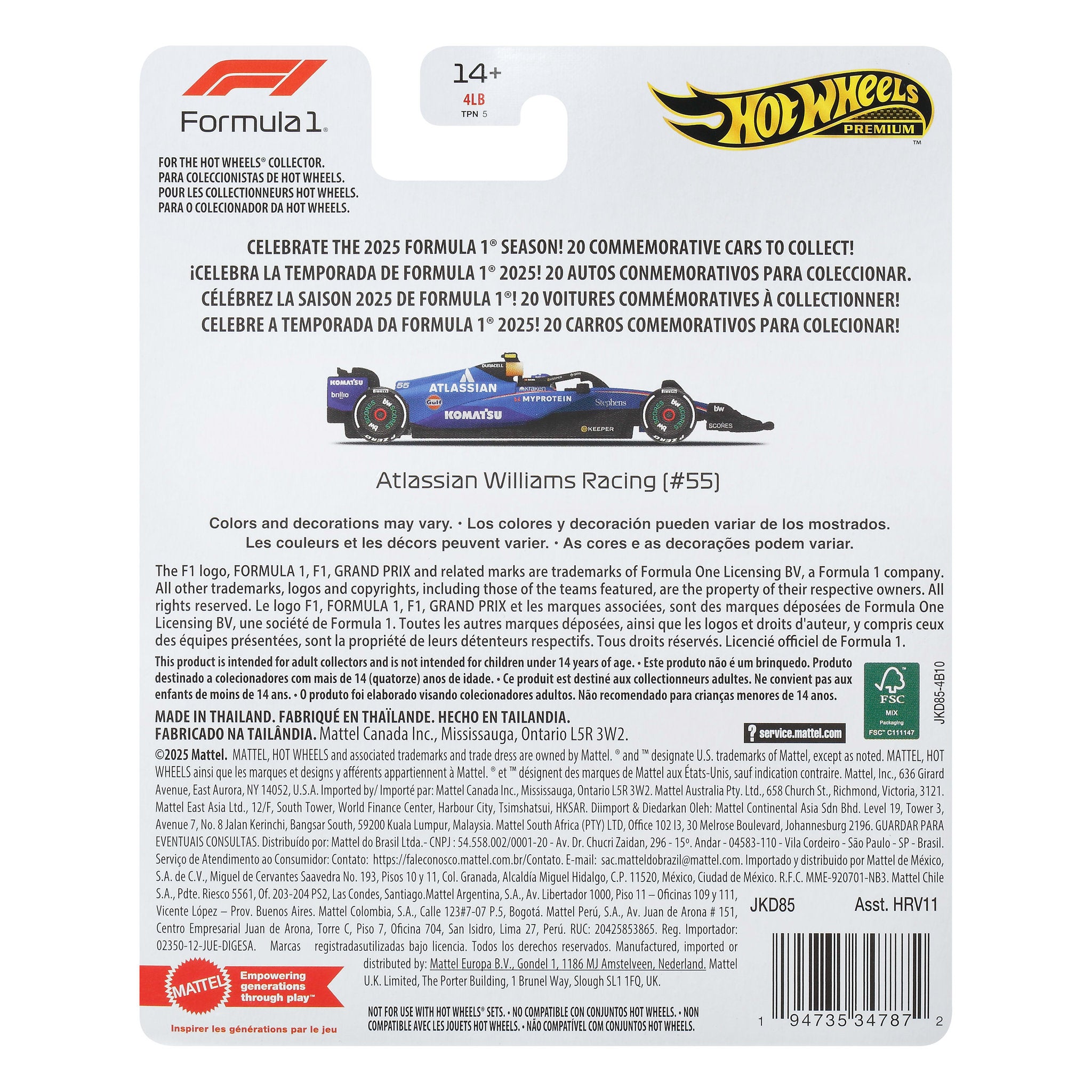 Hot Wheels Premium 1:64 Die-Cast Formula 1 Atlassian Wlliams Team Vehicle #23