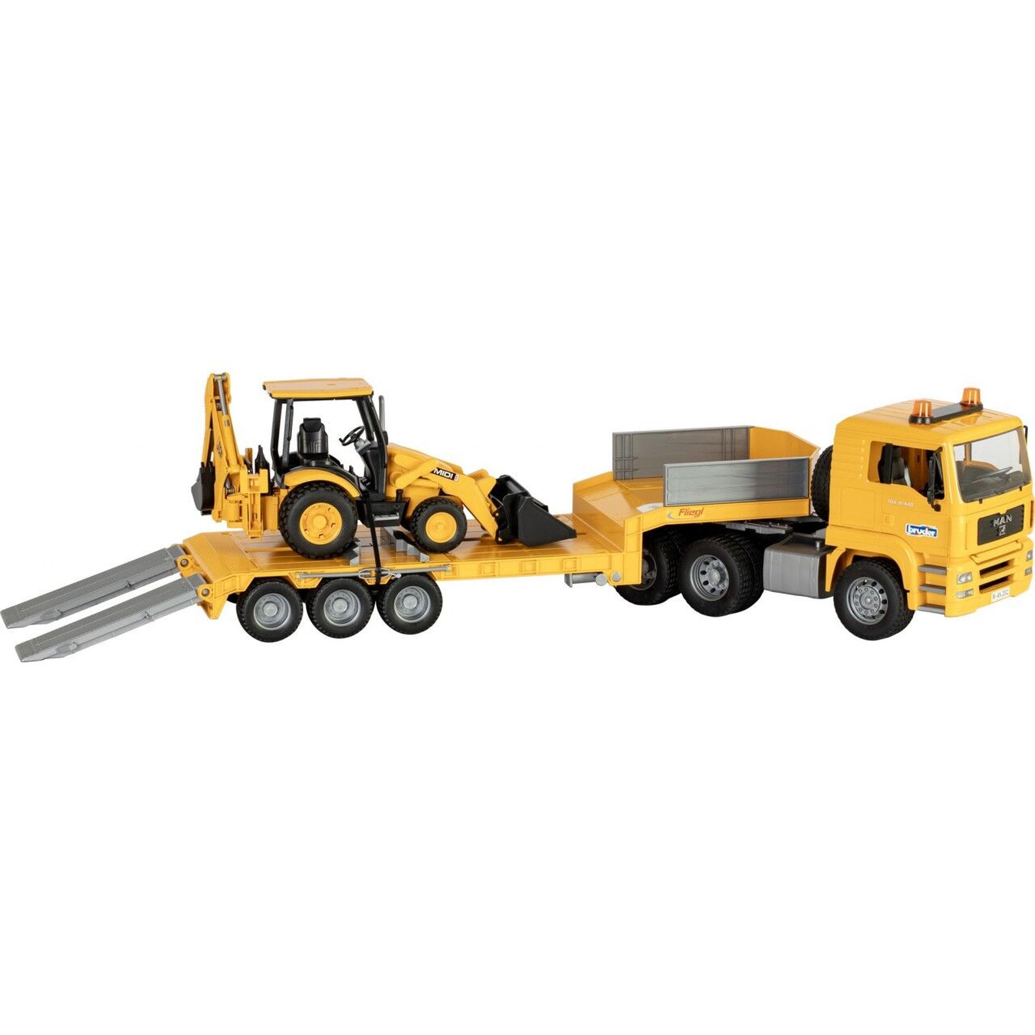 Bruder 1:16 Commerical MAN TGA Low Loader Truck - JCB Midi CX Backhoe Loader