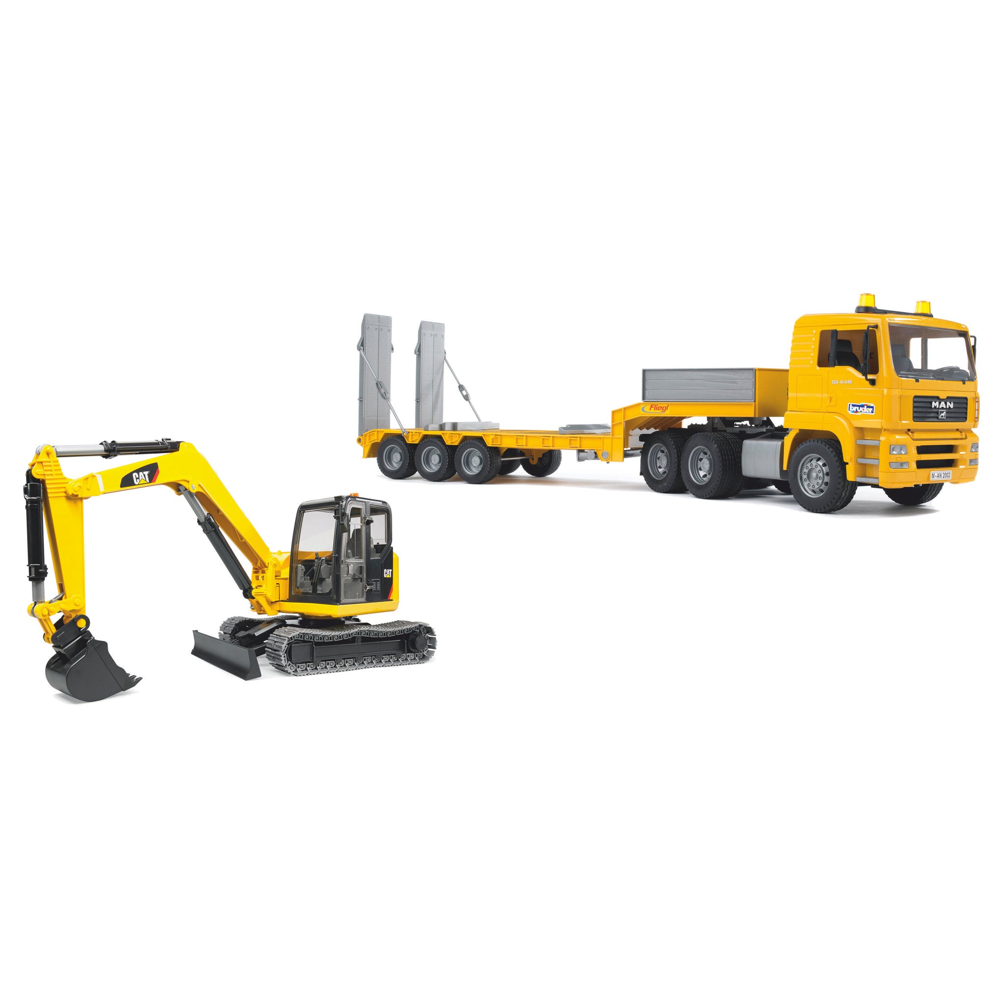 Bruder 1:64 Man TGA Low Loader With Cat Mini Excavator