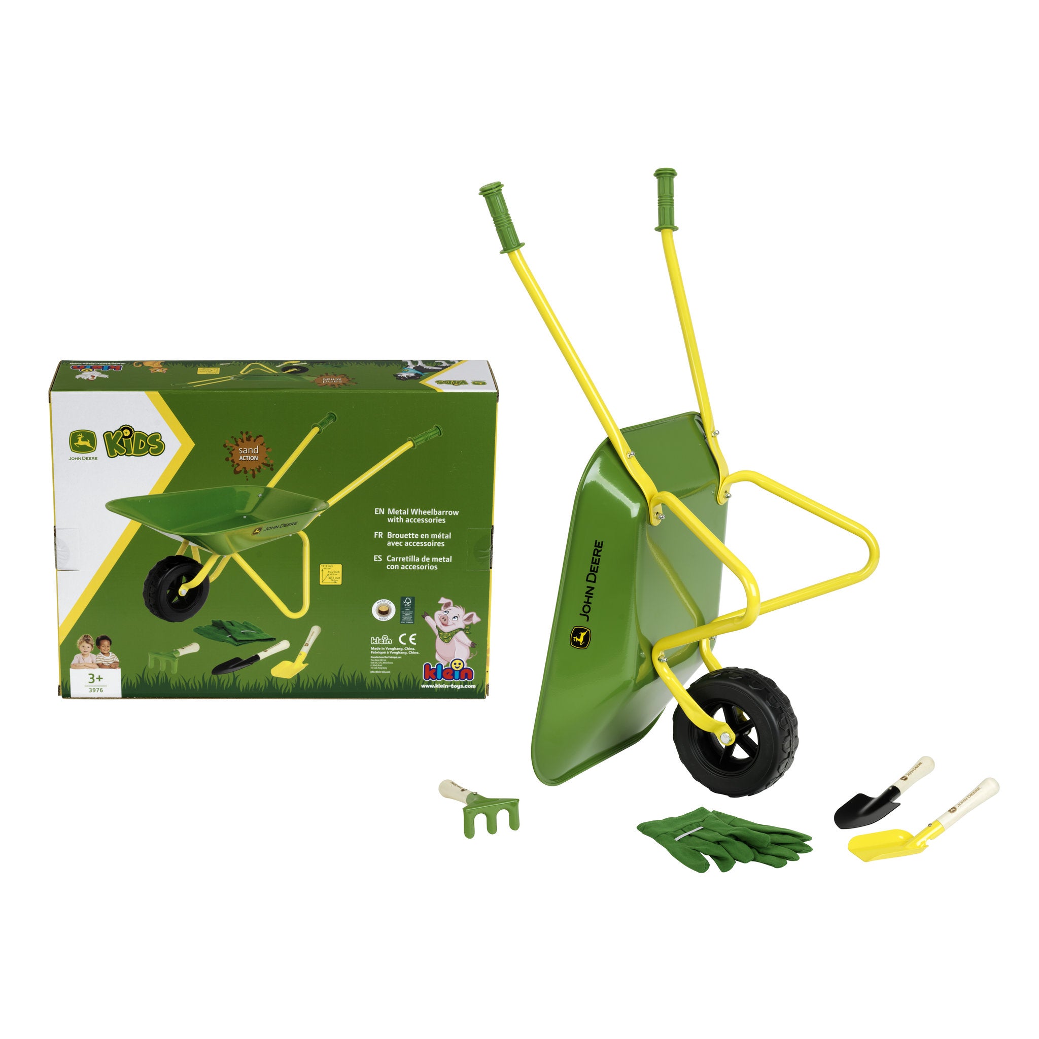 John Deere Metal Wheelbarrow with Garden Accessories
