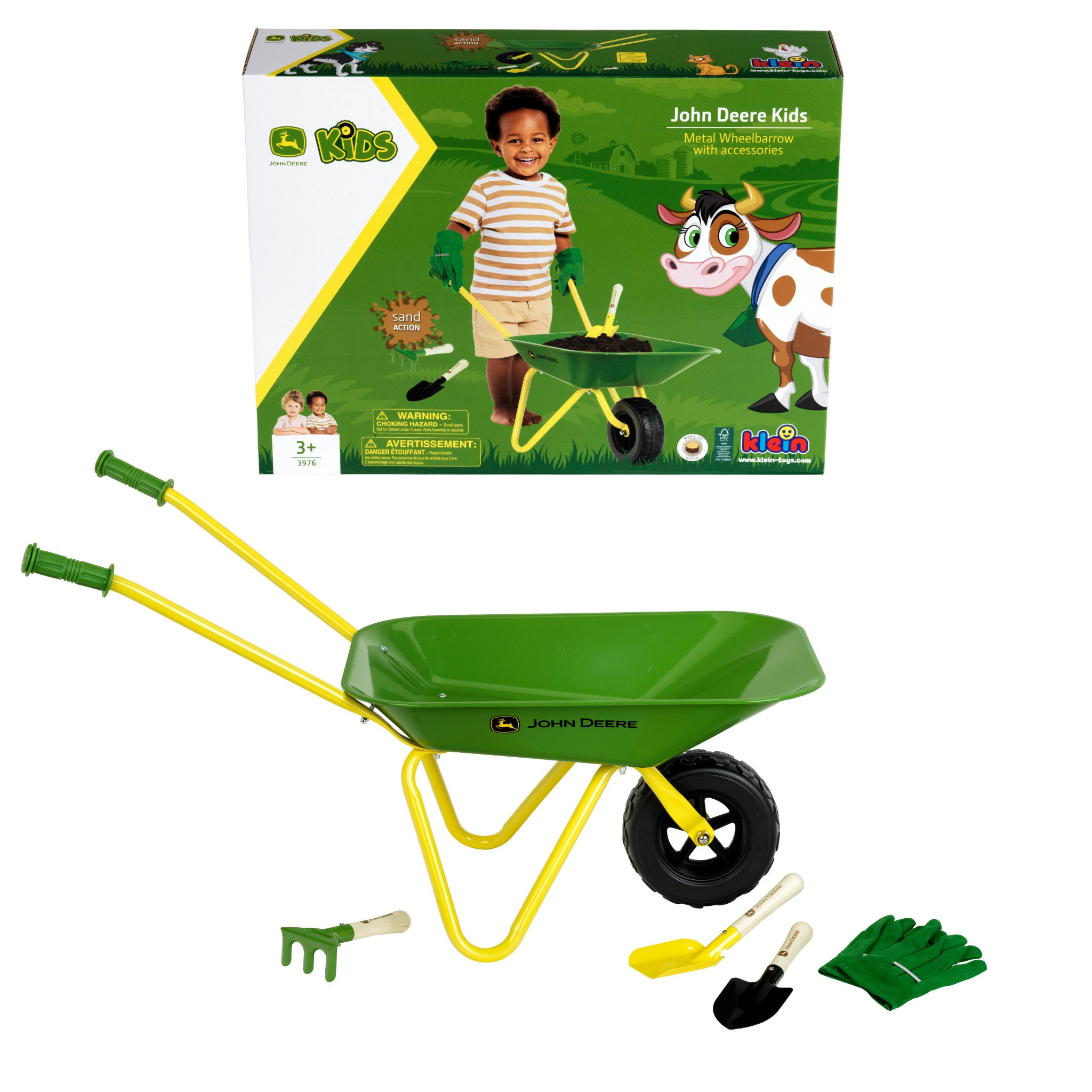 John Deere Metal Wheelbarrow with Garden Accessories