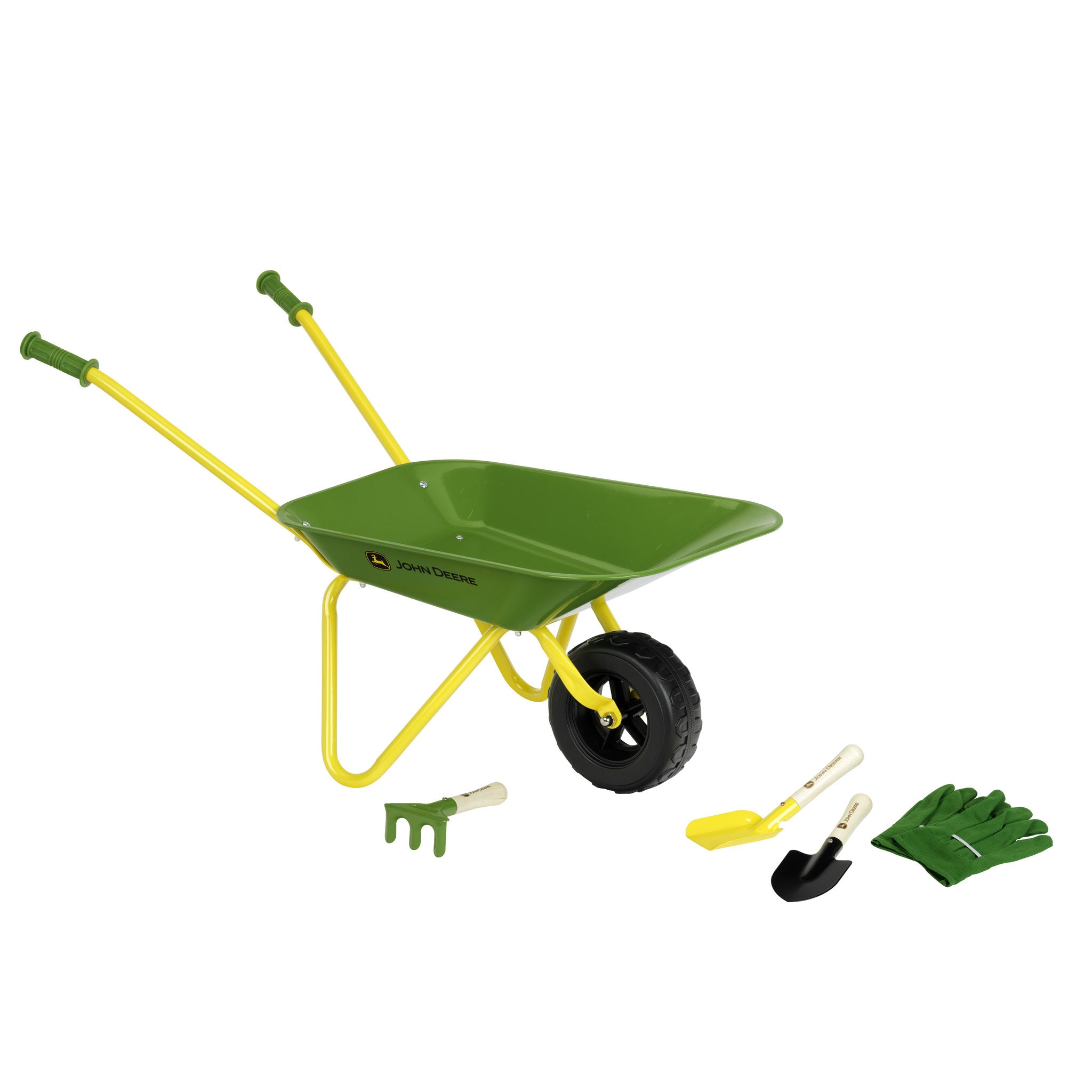 John Deere Metal Wheelbarrow with Garden Accessories