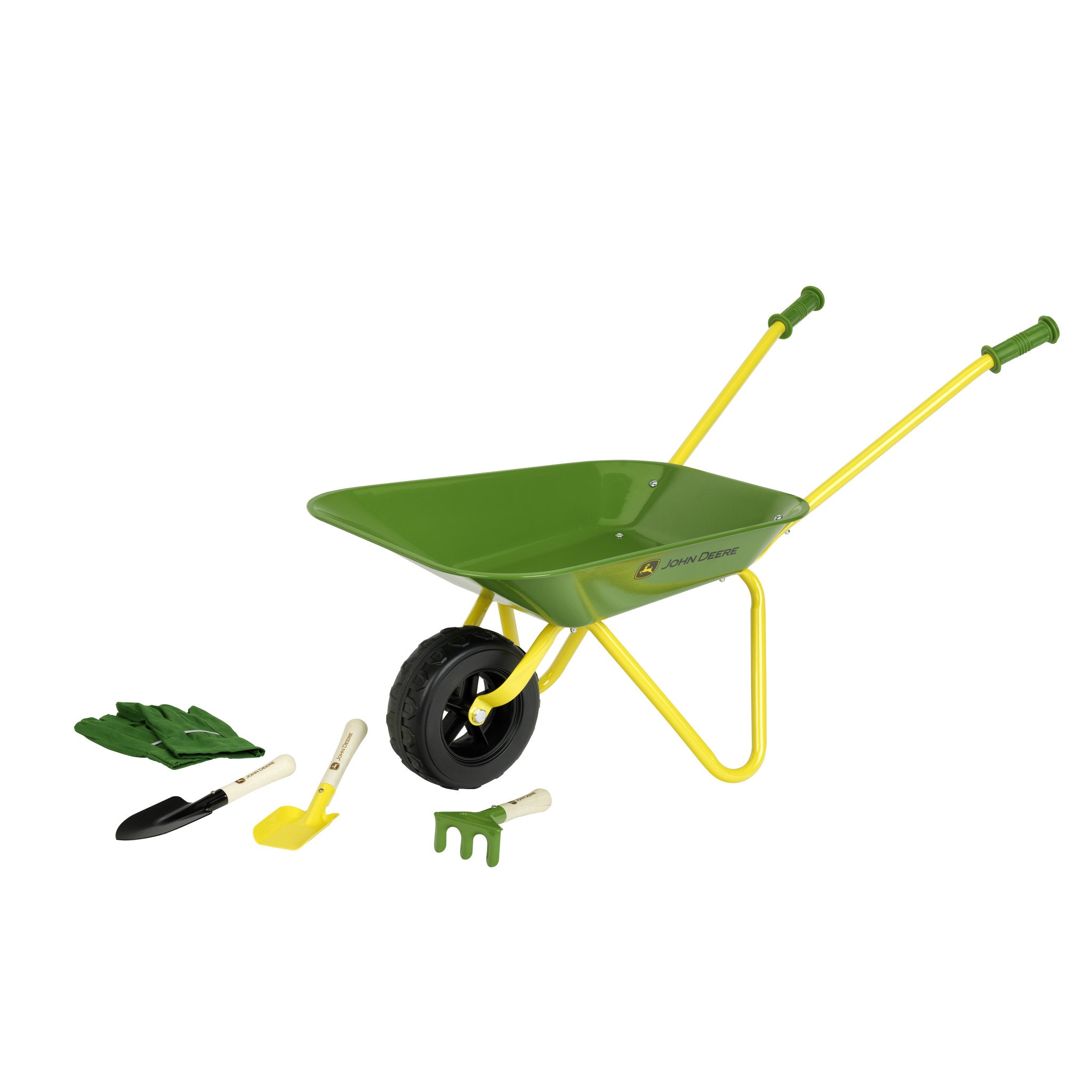 John Deere Metal Wheelbarrow with Garden Accessories