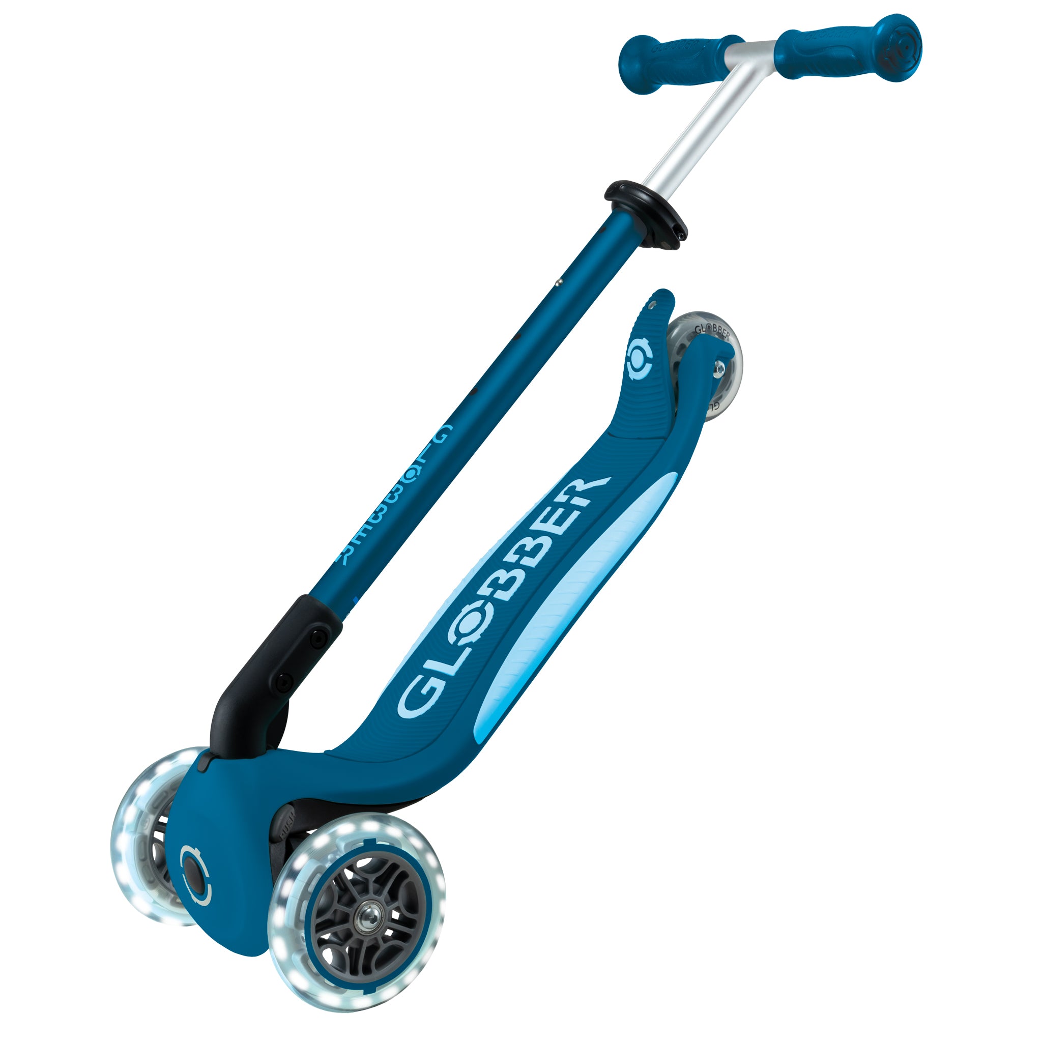 Globber Primo Fold Plus Lights Scooter V2 - Petrol Blue/Light Blue