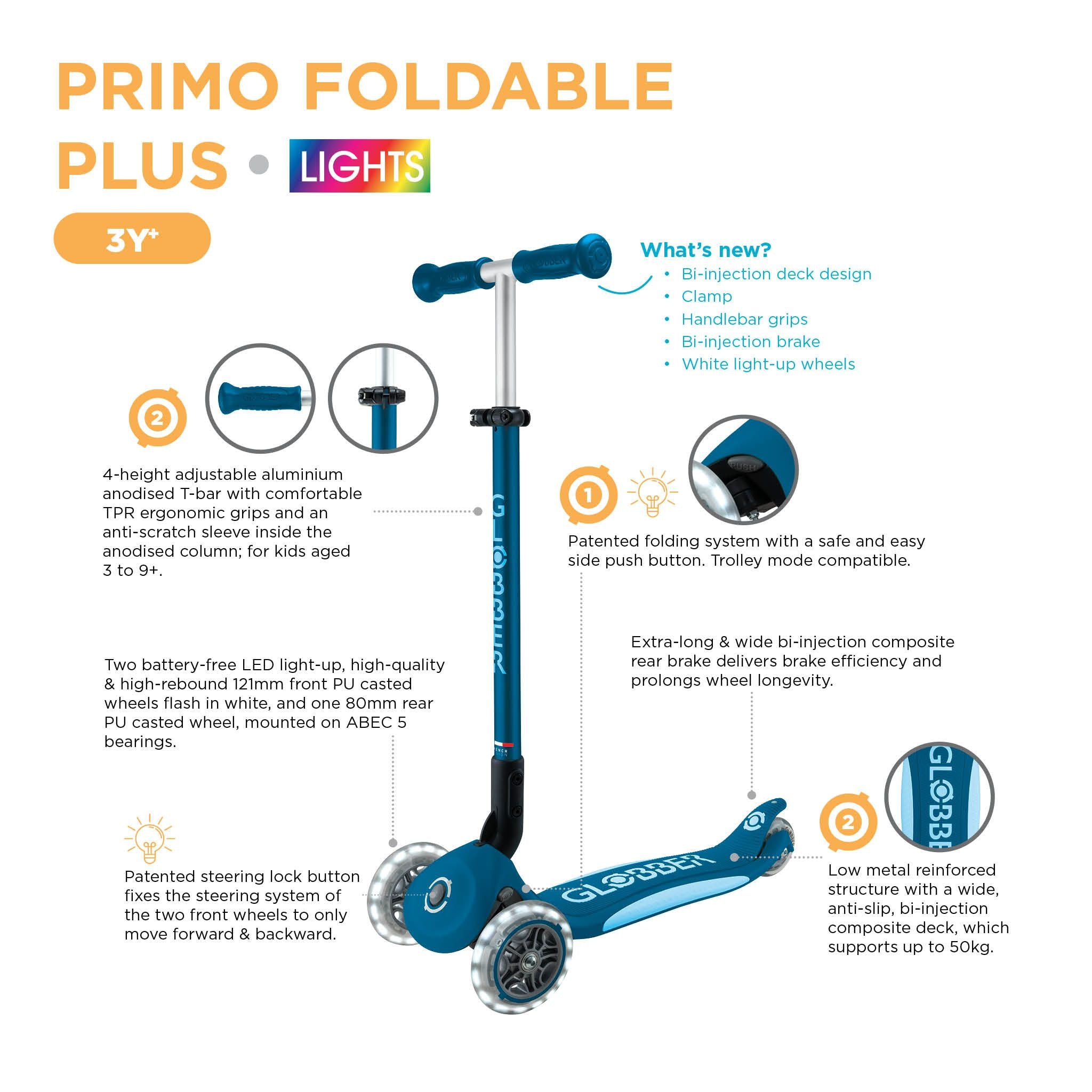 Globber Primo Fold Plus Lights Scooter V2 - Petrol Blue/Light Blue