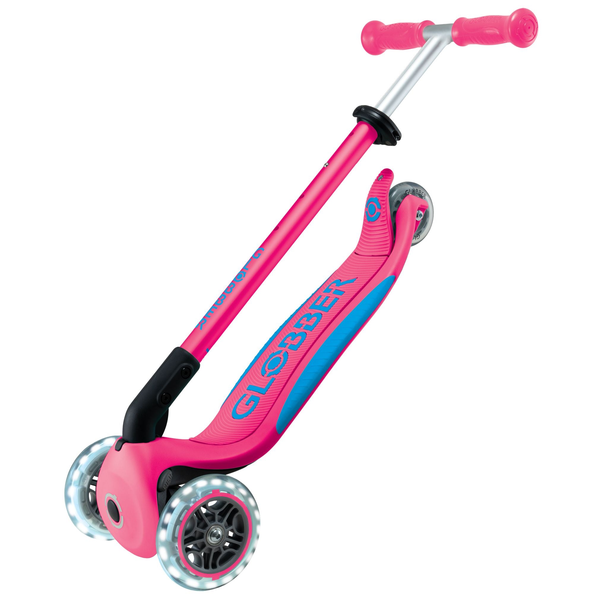 Globber Primo Fold Plus Lights Scooter V2 - Fuchsia Pink/Sky Blue