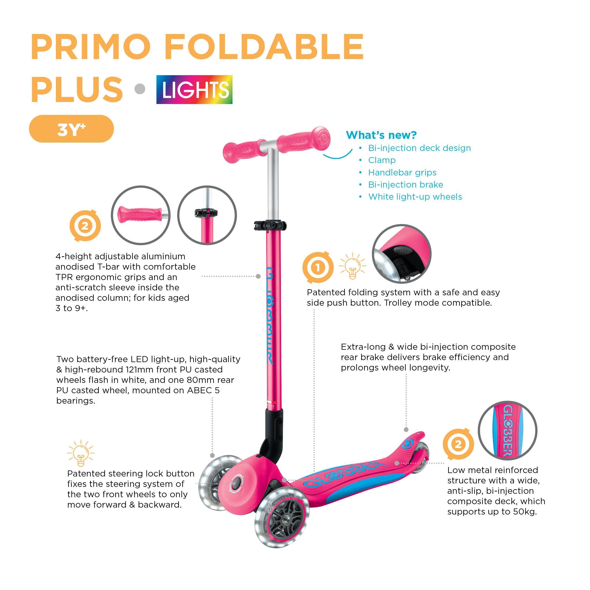Globber Primo Fold Plus Lights Scooter V2 - Fuchsia Pink/Sky Blue
