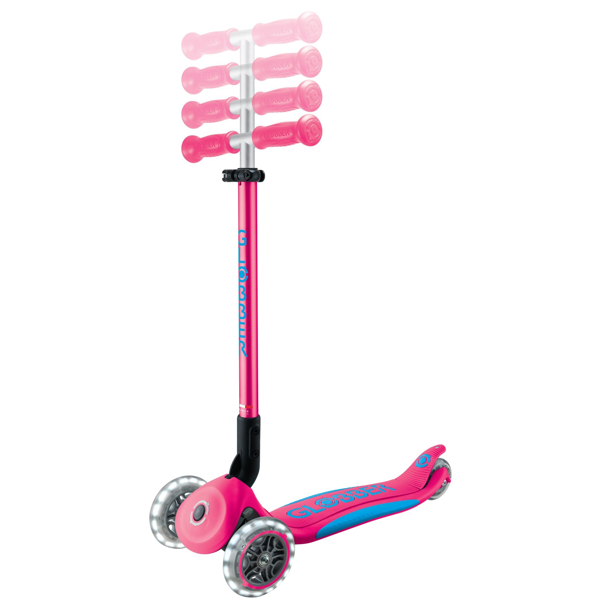 Globber Primo Fold Plus Lights Scooter V2 - Fuchsia Pink/Sky Blue