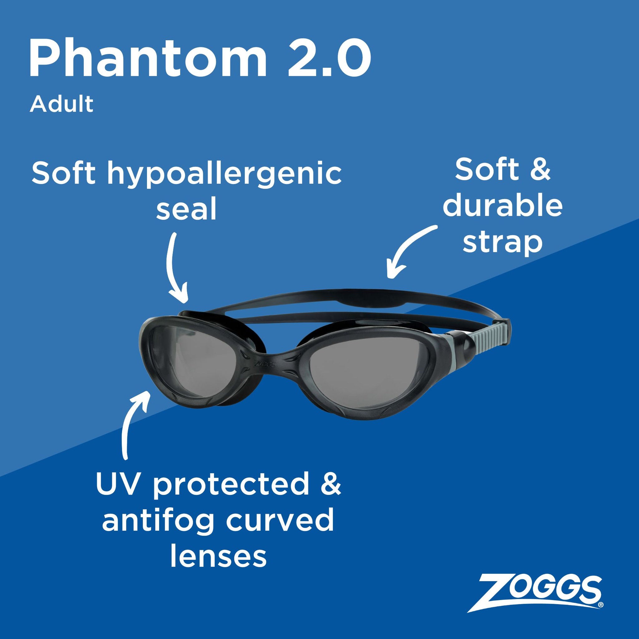 Zoggs Phantom 2.0 Black/Grey/Tint Smoke Goggles - Toyworld Australia