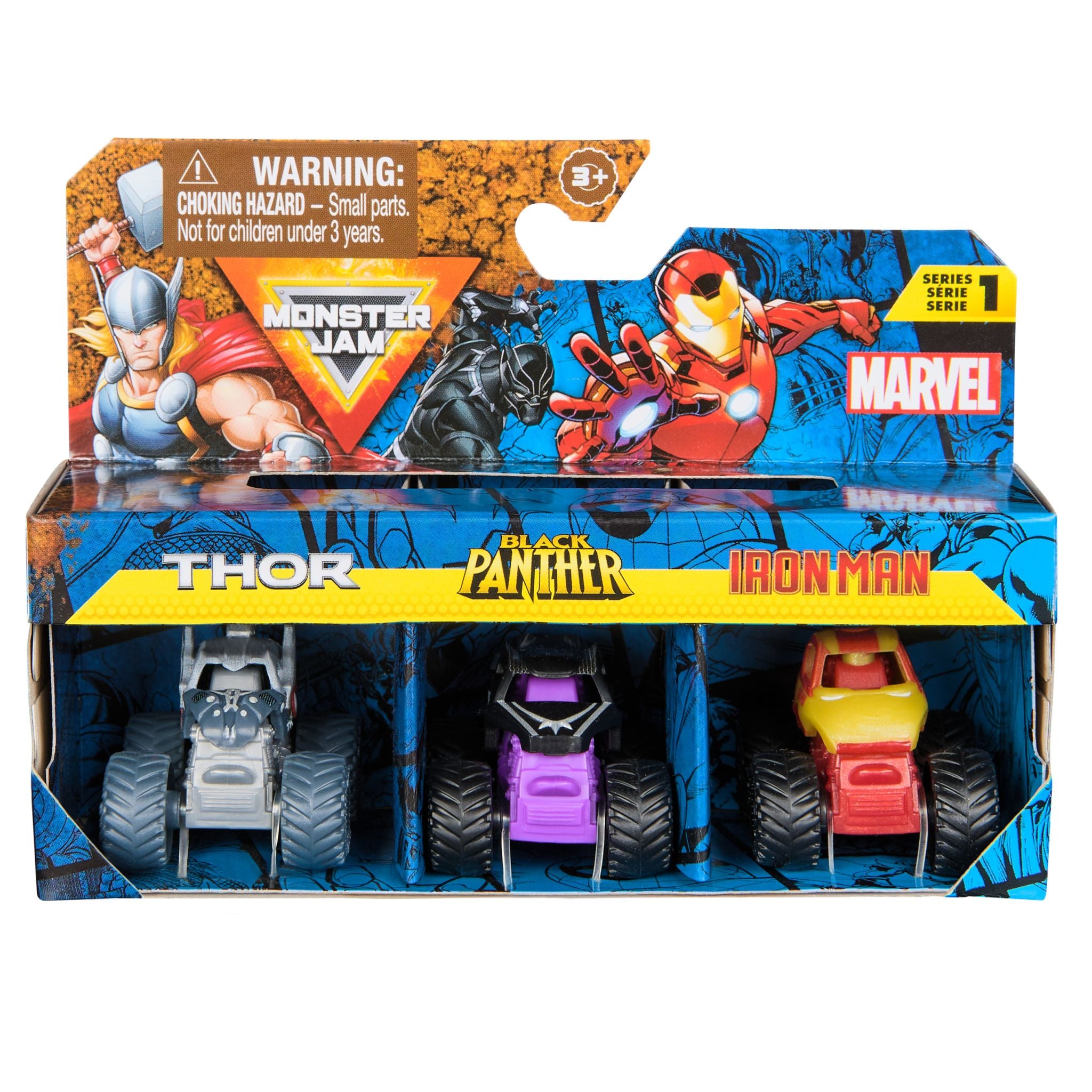 Monster Jam Mini Marvel 3 Pack Bundle - Thor, Black Panther & Iron Man