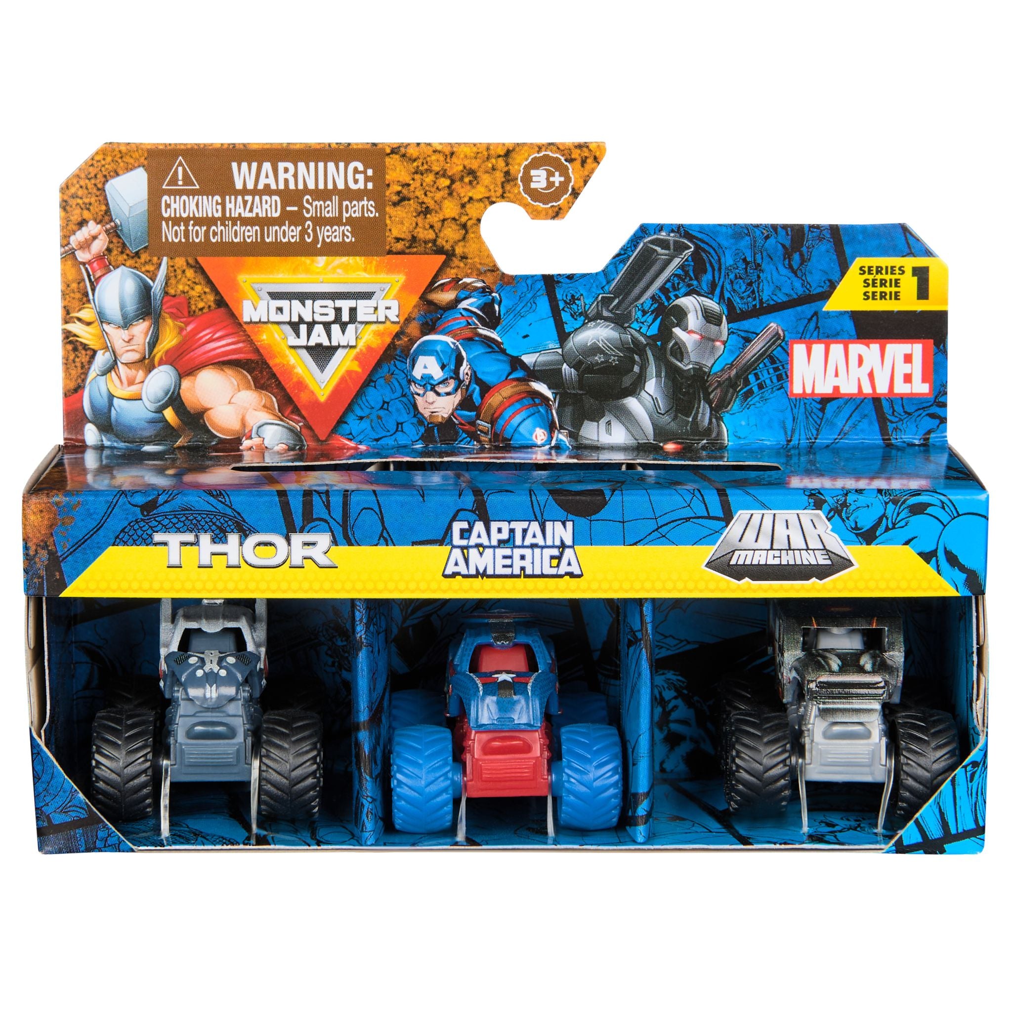 Monster Jam Mini Marvel 3 Pack Bundle - Thor, Captain America & War Machine