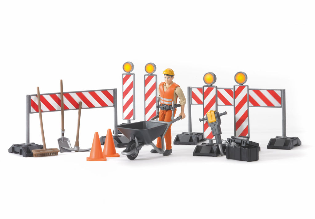 BRUDER CONSTRUCTION FIGURE SET WITH BARROW TOLLS AND BARRIERS