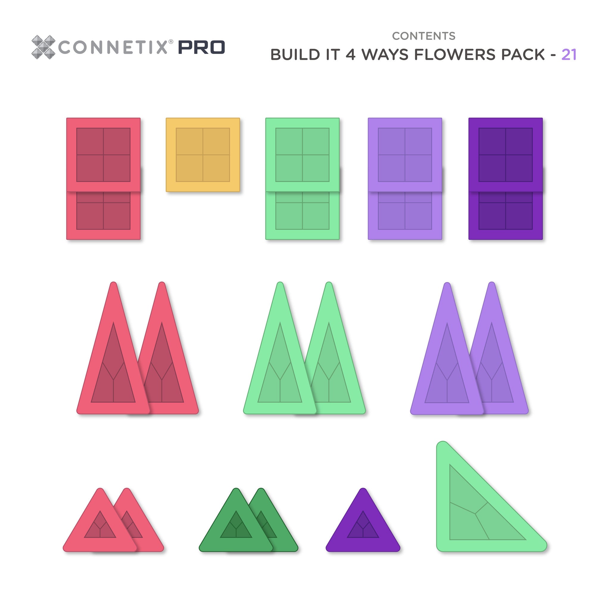 CONNETIX Pro Magnetic Tiles 21 Piece - Build it 4 Ways Flowers