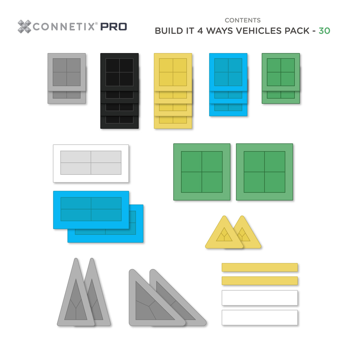 CONNETIX Pro Magnetic Tiles 30 Piece - Build it 4 Ways Vehicles