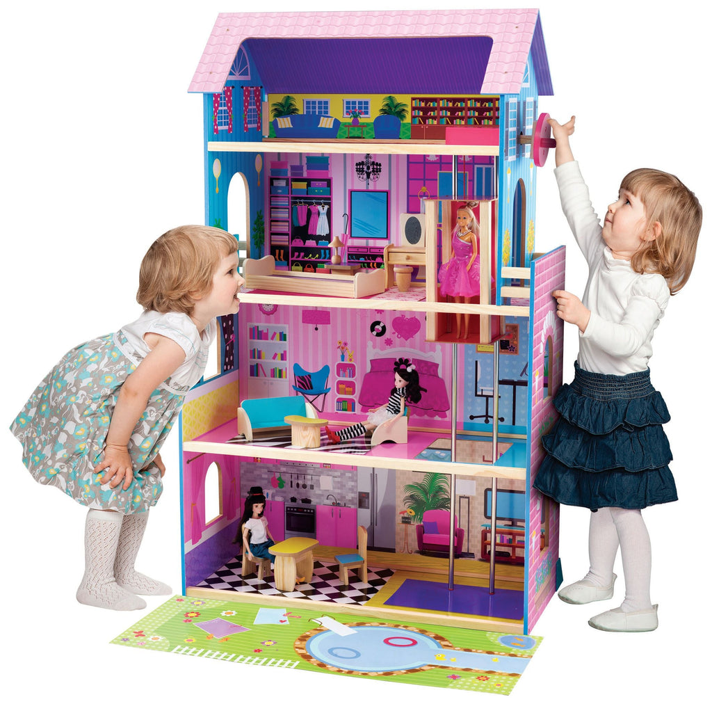 FIRST LEARNING WOODEN DOLL HOUSE WITH ELEVATOR & FURNITURE