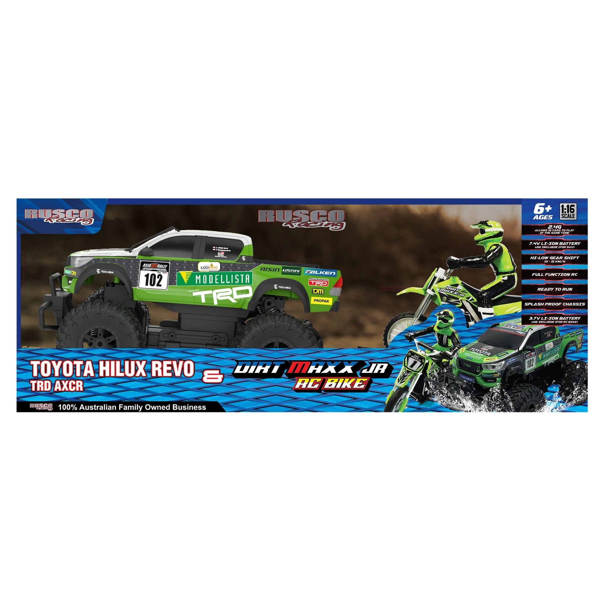 Rusco Racing 1:16 Toyota Hilux Revo TRD AXCR and Dirt Maxx Jr RC Bike Assorted Styles