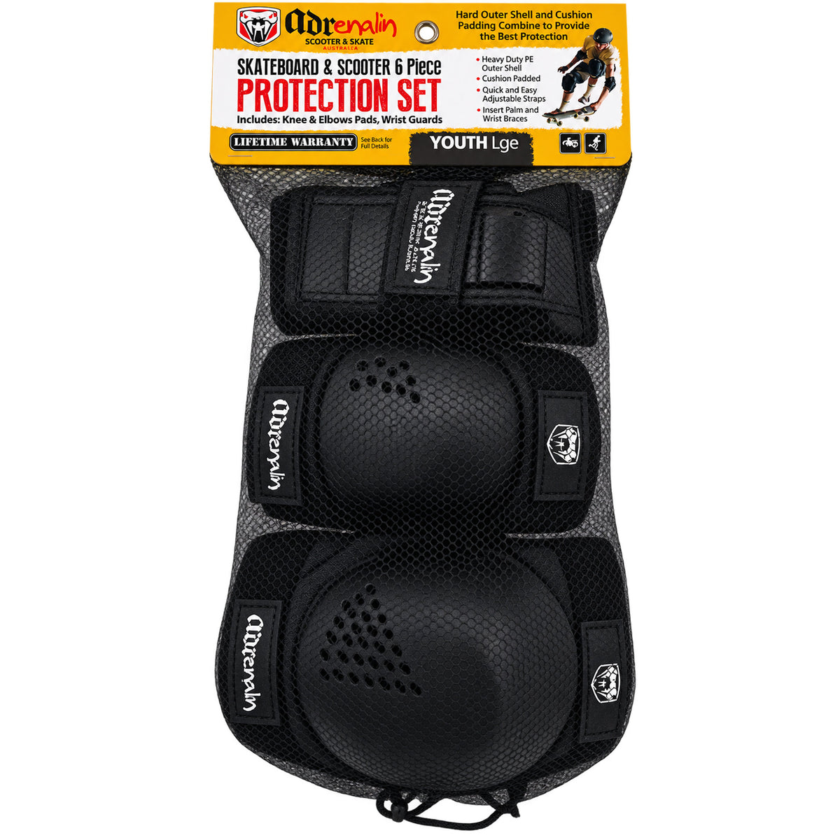 Adrenalin Skateboard & Scooter Protection Set 6 Piece Large - Black