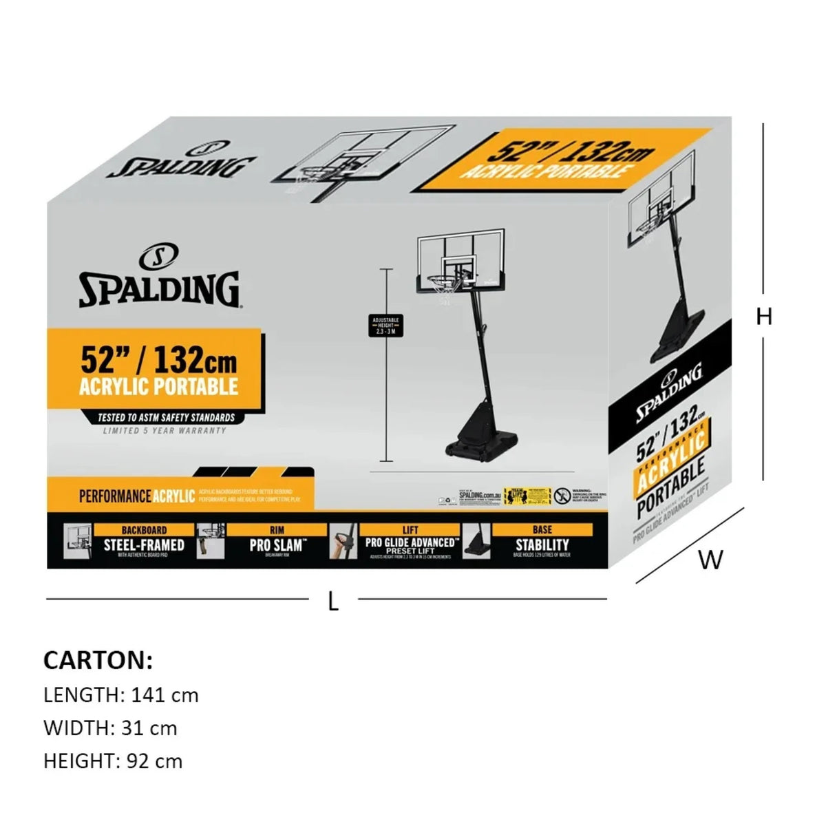 Spalding 52 Inch Acrylic Portable Pro-Glide Basketball System - White