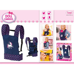 BAYER DOLL CARRIER DARK BLUE WITH PINK HEARTS AND UNICORNS