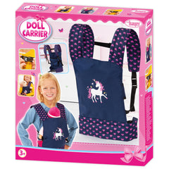 BAYER DOLL CARRIER DARK BLUE WITH PINK HEARTS AND UNICORNS