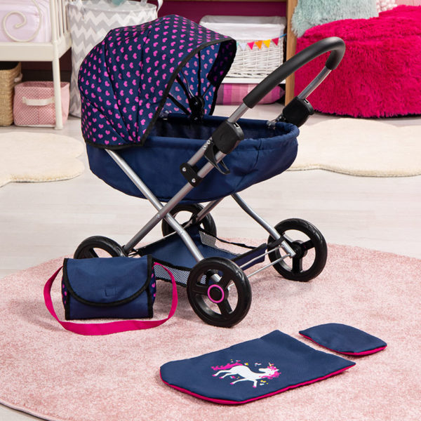 Bayer Cosy Pram Dark Blue With Pink Heart Hood