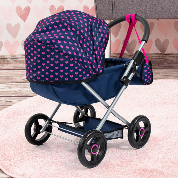 Bayer Cosy Pram Dark Blue With Pink Heart Hood