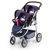 Bayer Twin Tandem Pram - Dark Blue With Pink Hearts