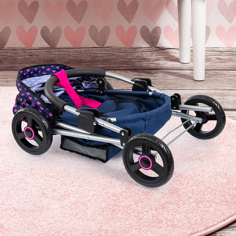 Bayer Cosy Pram Dark Blue With Pink Heart Hood