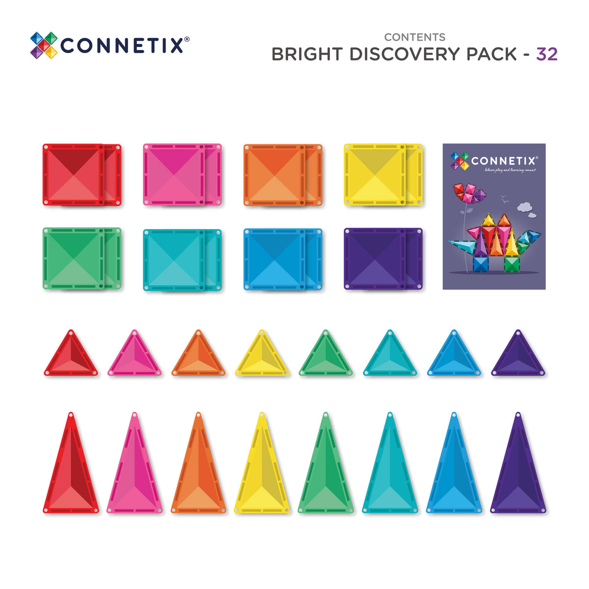CONNETIX Magnetic Tiles 32 Piece - Bright Discovery Pack