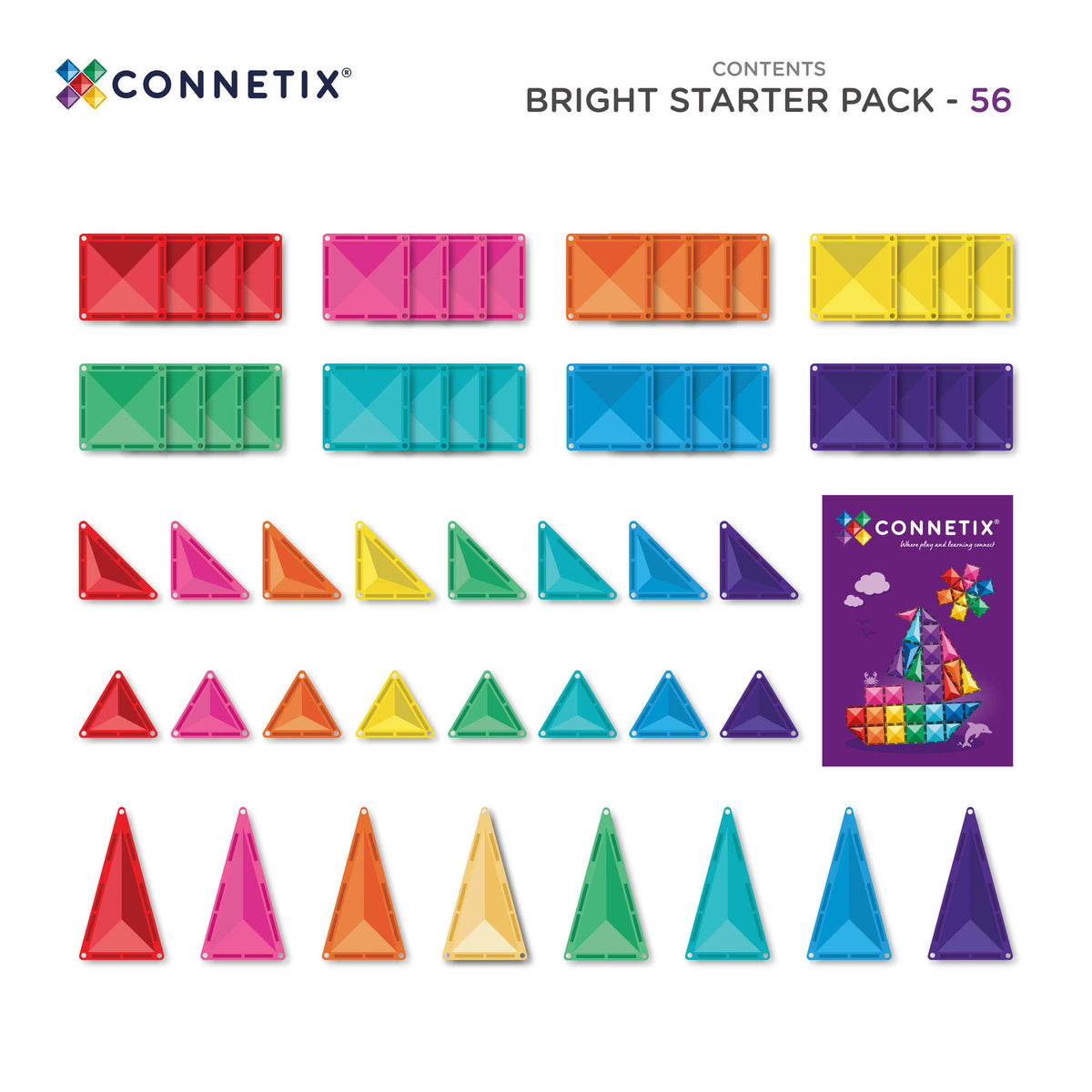 CONNETIX Magnetic Tiles 56 Piece - Bright Starter Pack