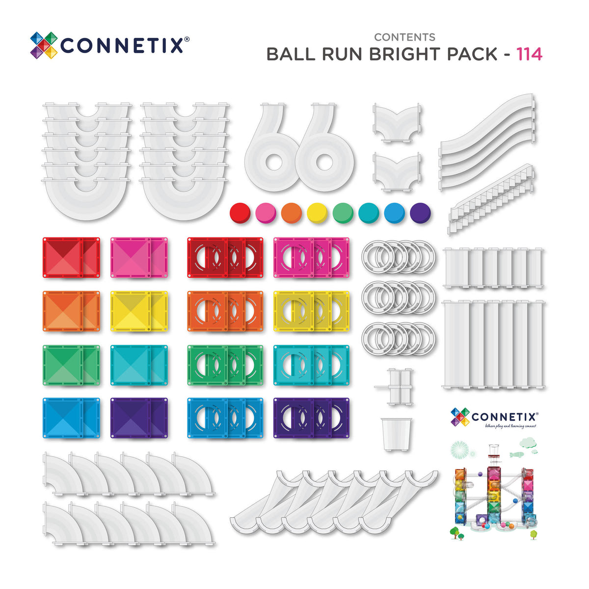 CONNETIX Magnetic Tiles 114 Piece - Bright Ball Run