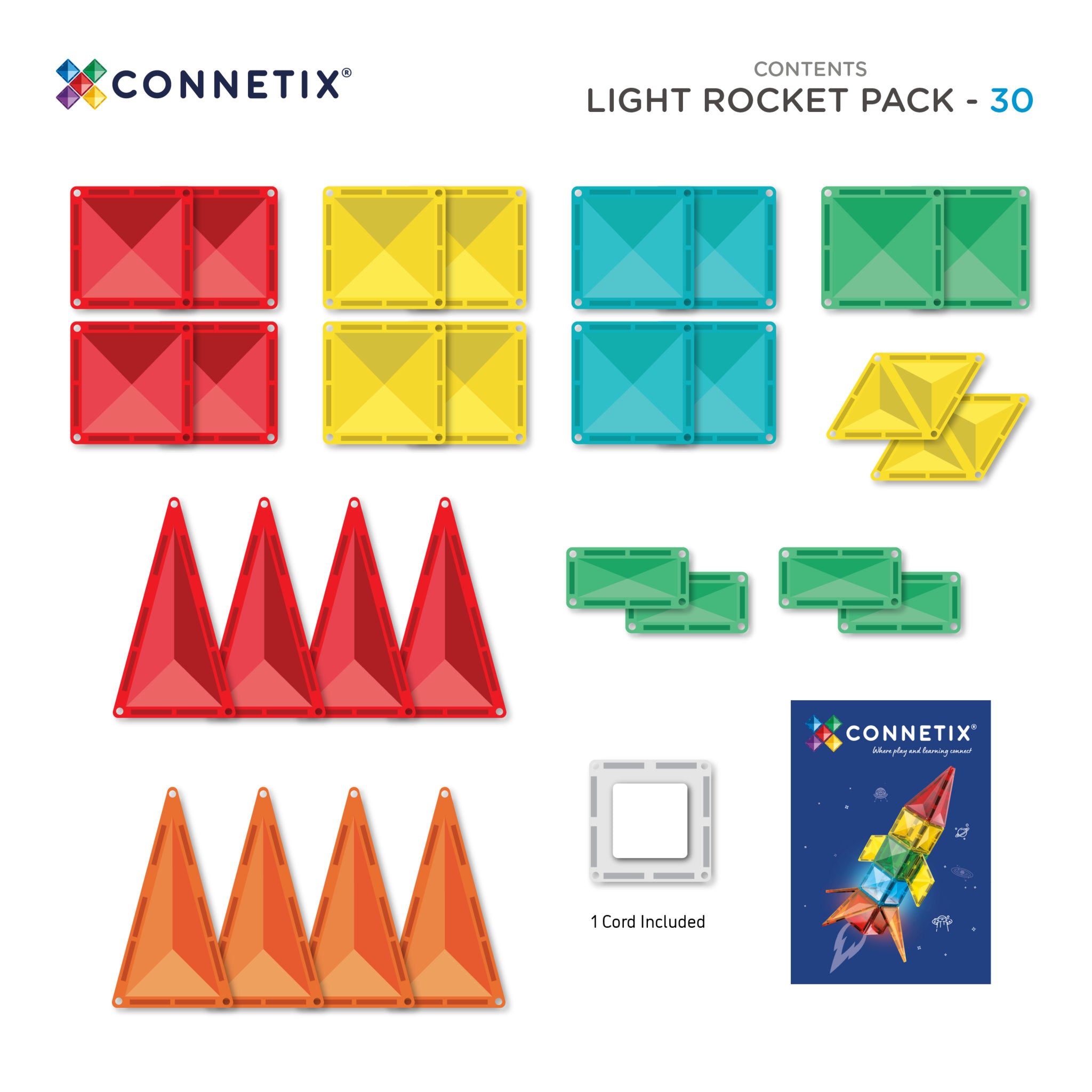 CONNETIX Magnetic Tiles 30 Piece - Light Rocket Pack