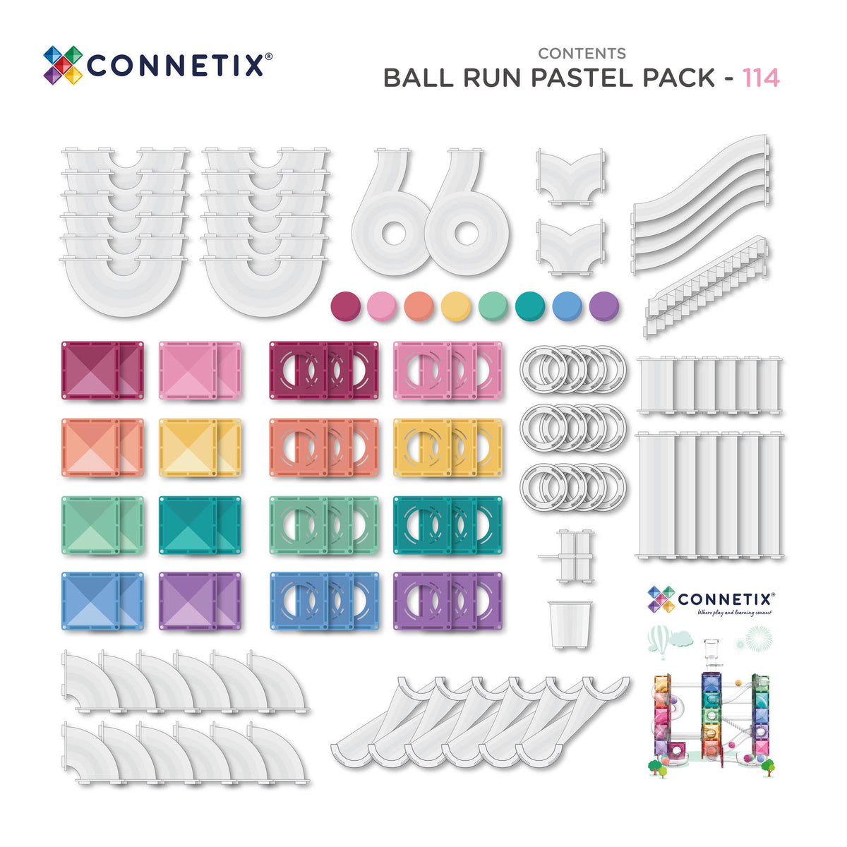 CONNETIX Magnetic Tiles 114 Piece - Pastel Ball Run