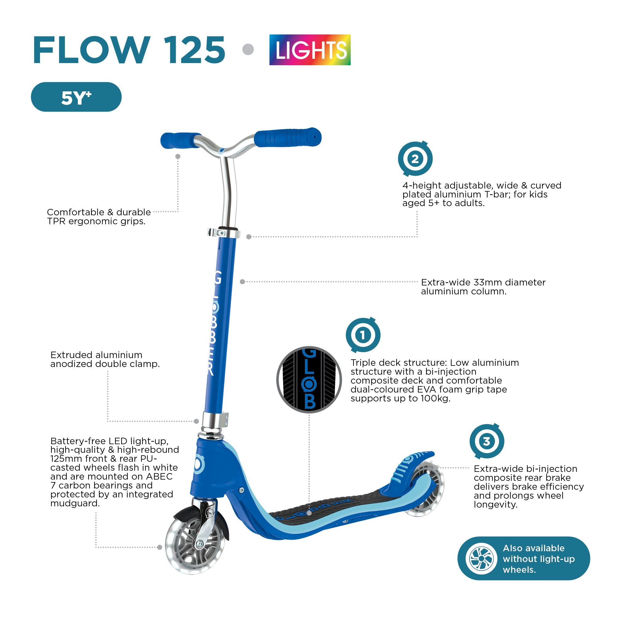 Globber Flow 125 Scooter With Light Up Wheels - Teal