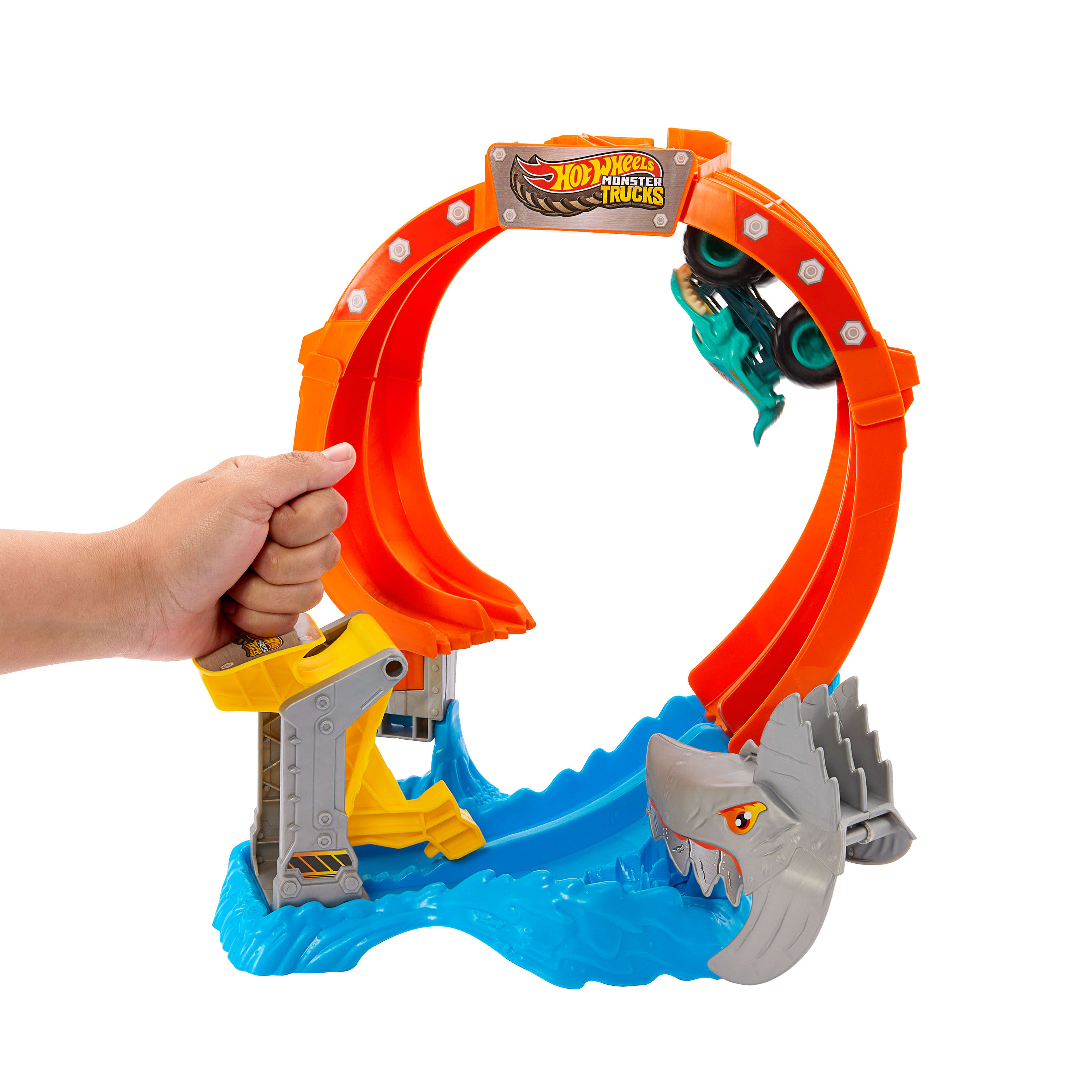 Hot Wheels Monster Trucks Corkscrew Shark Smash Track Set