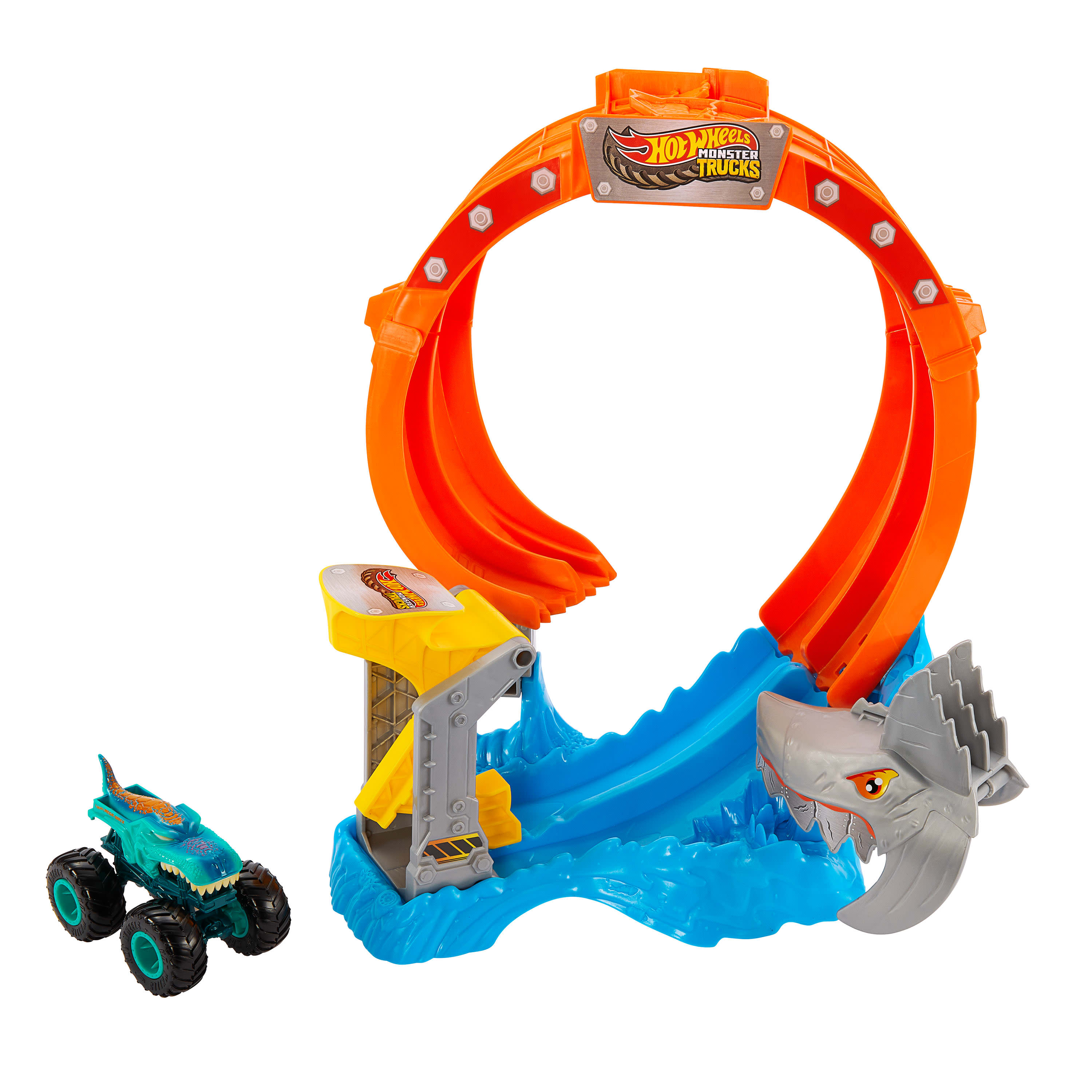 Hot Wheels Monster Trucks Corkscrew Shark Smash Track Set