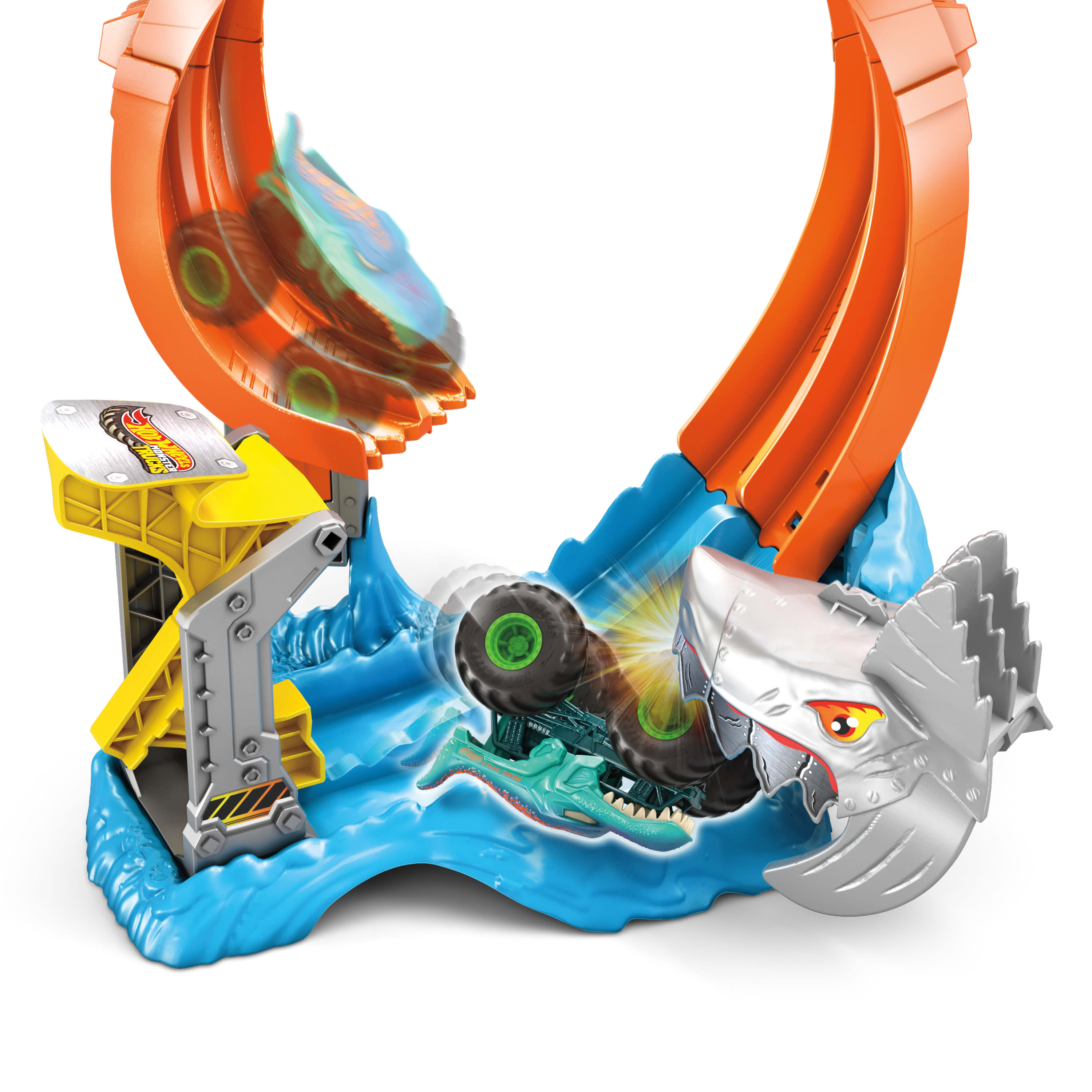 Hot Wheels Monster Trucks Corkscrew Shark Smash Track Set
