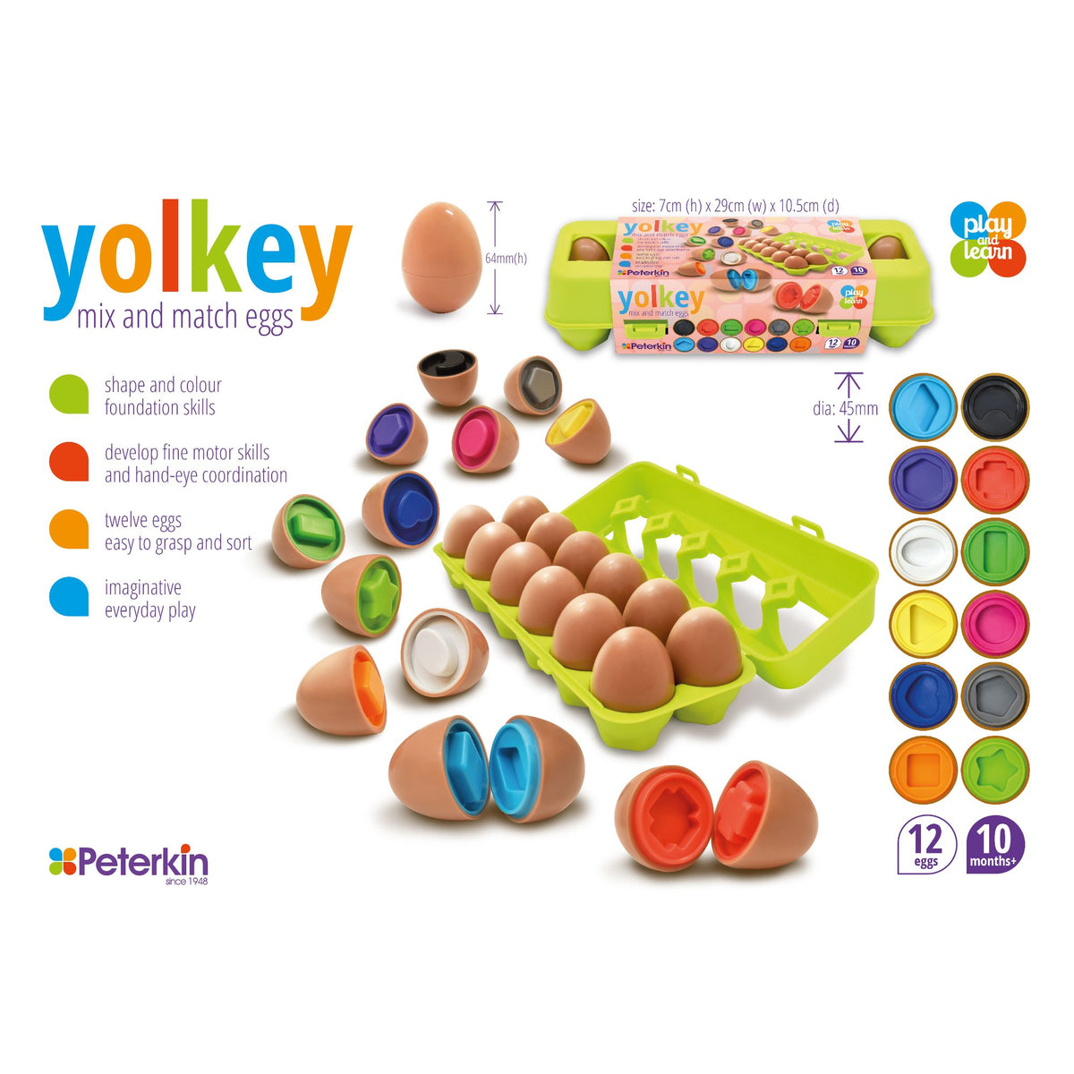 Peterkin Mix & Match Eier – 12-teiliges Sortierspiel, Mehrfarbig, Fördert Feinmotorik & Farbverständnis