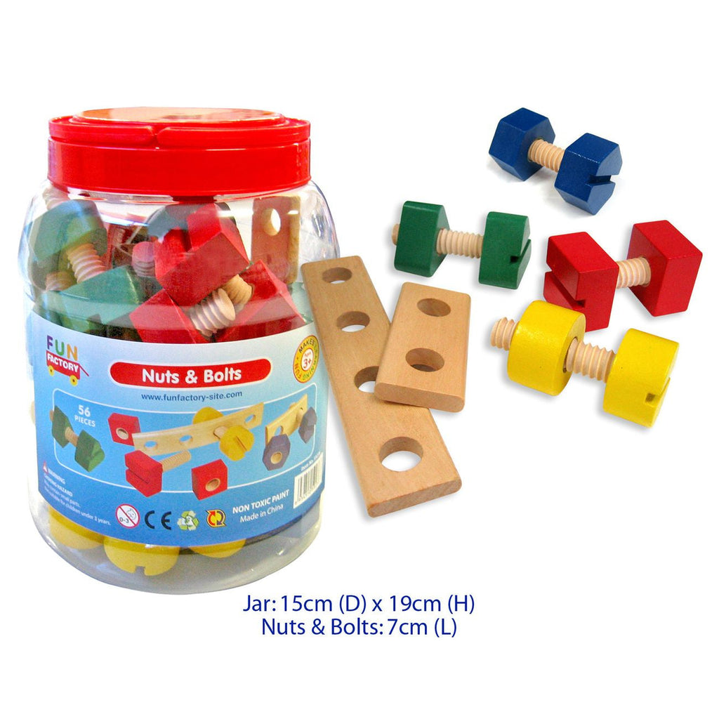 WOODEN NUTS AND BOLTS IN JAR 56 PIECES