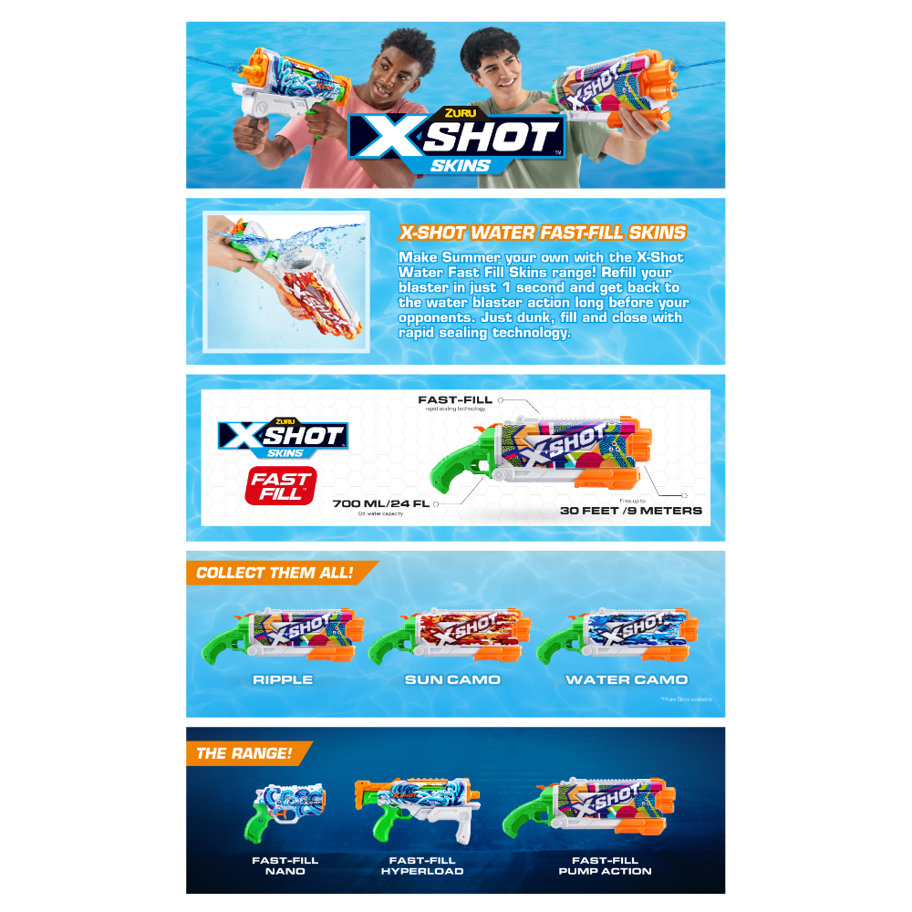 ZURU XSHOT Skins Fast Fill Pump Action Water Blaster Assorted Styles