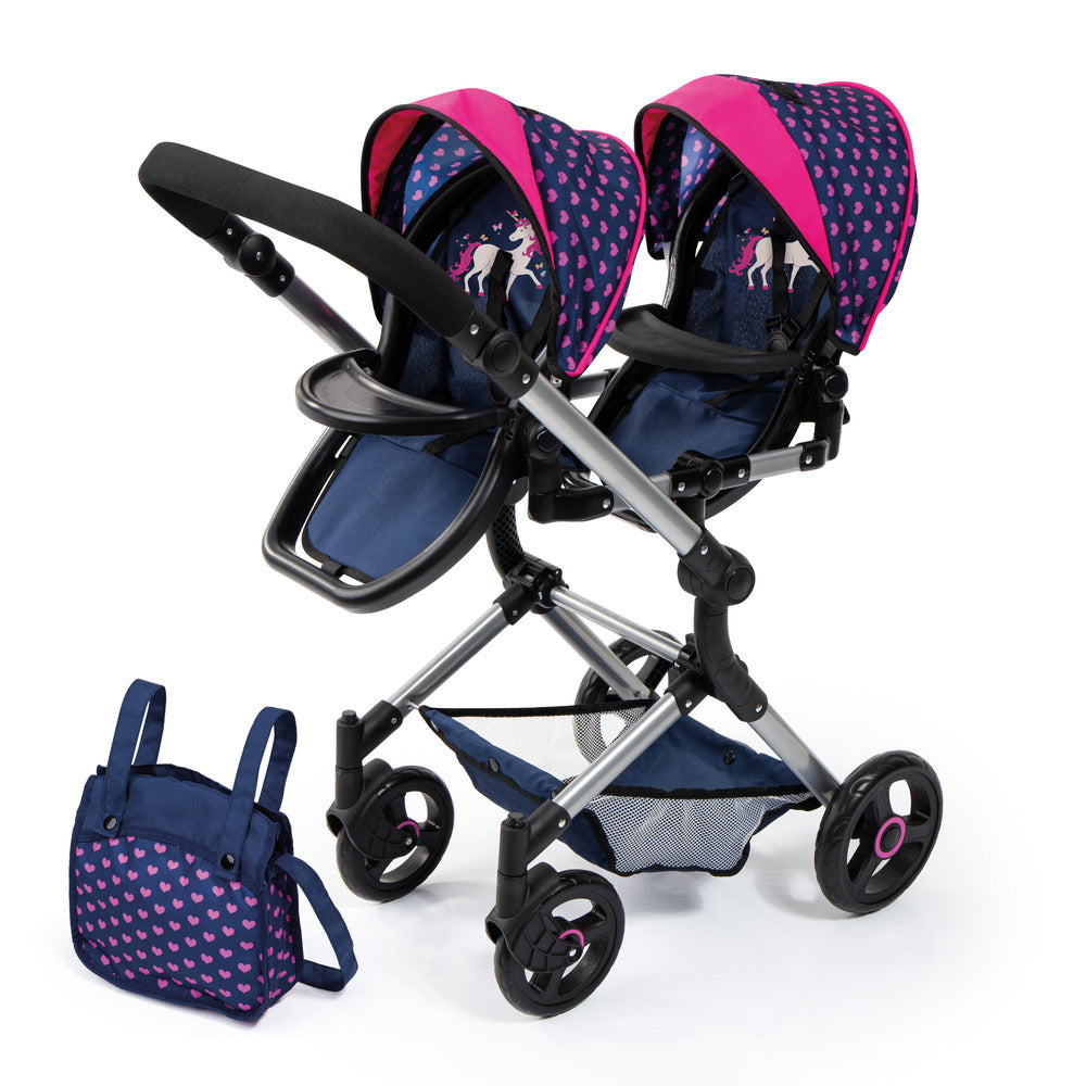 BAYER NEO TWIN DOLL PRAM BLUE WITH PINK HEARTS & UNICORN