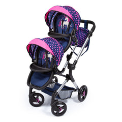 BAYER NEO TWIN DOLL PRAM BLUE WITH PINK HEARTS & UNICORN