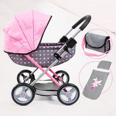 BAYER COSY PRAM GREY WITH PINK DOTS AND HOOD