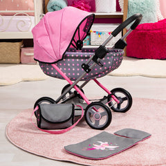 BAYER COSY PRAM GREY WITH PINK DOTS AND HOOD